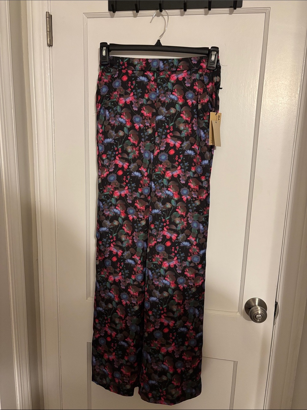 Bailey 44 Black Floral Satin Pants with Pink & Blue Flowers